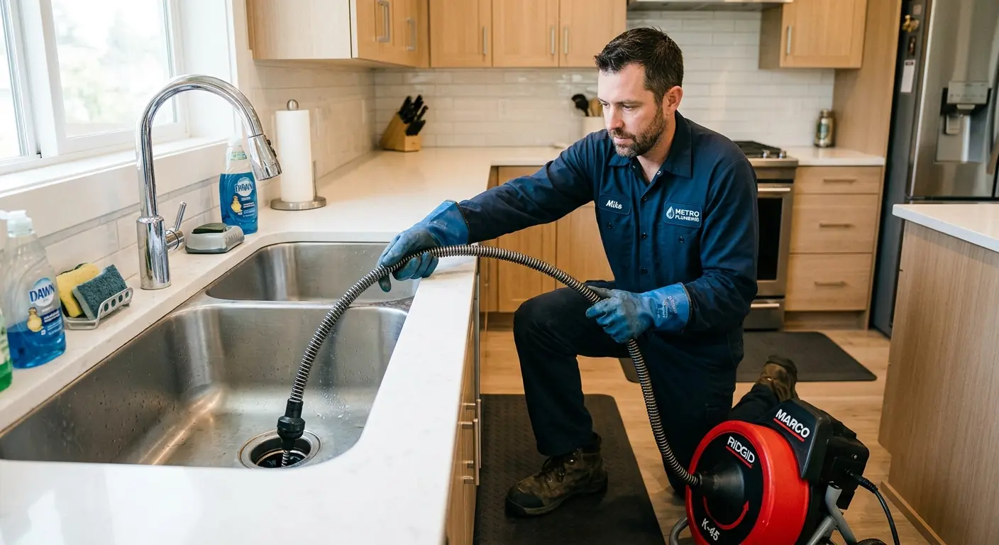 Drain cleaning technician using a motorized snake on a kitchen sink in Bondurant
