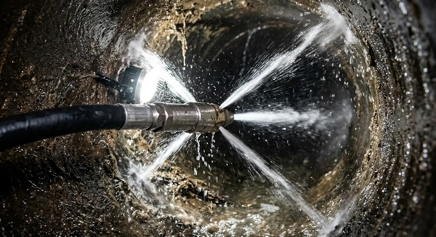 High-pressure hydro jetting nozzle cleaning sewer pipe for Emergency Drain Service in Bondurant