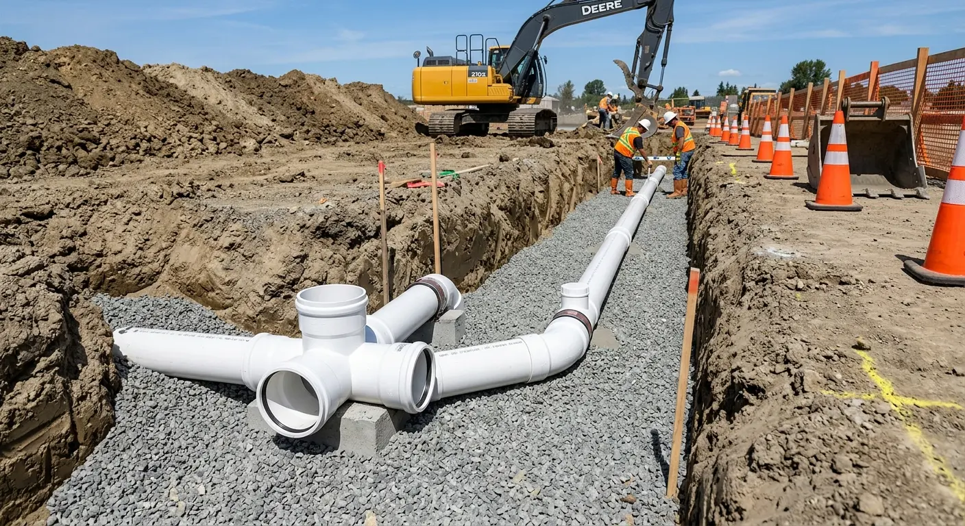 New PVC sewer pipe installation in open trench for Grease Trap Cleaning in Bondurant