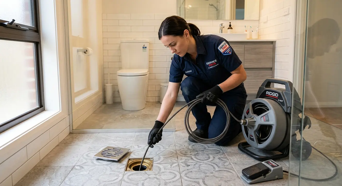 Technician clearing a bathroom floor drain for Drain Repair in Bondurant
